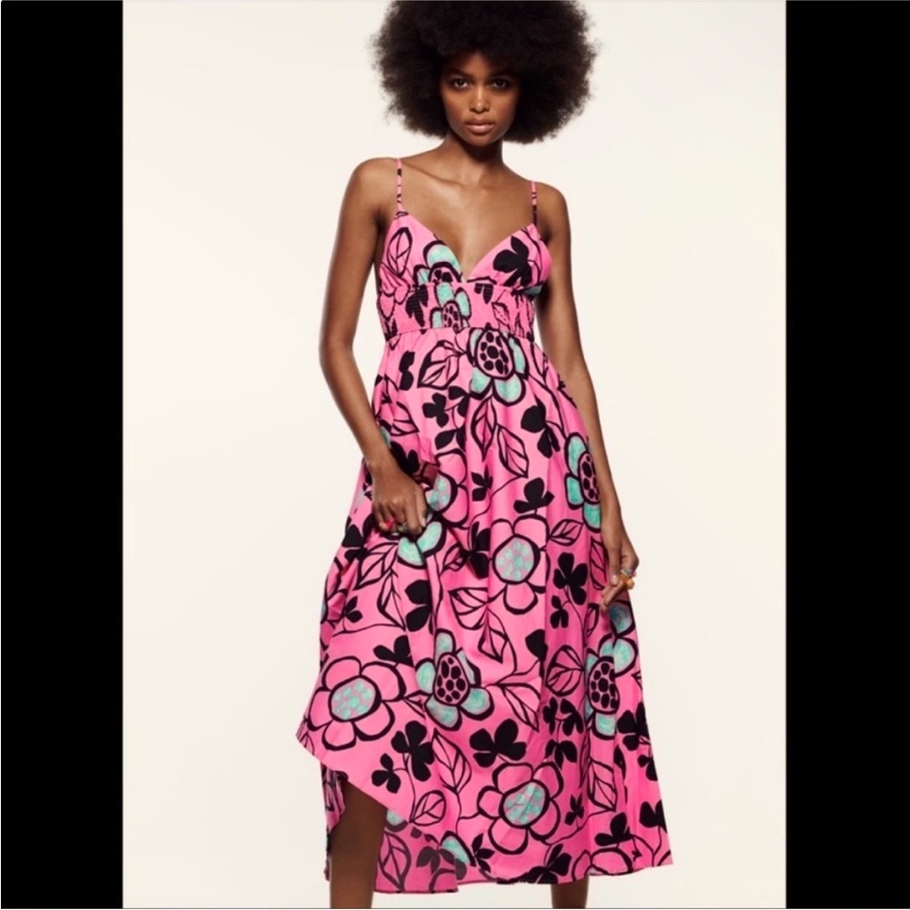 Zara Pink Floral Midi Dress with Black & Mint Details